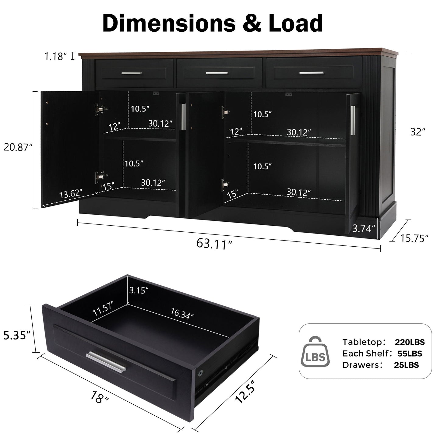 Fluted Sideboard Buffet Cabinet With 4 Doors And 3 Drawers