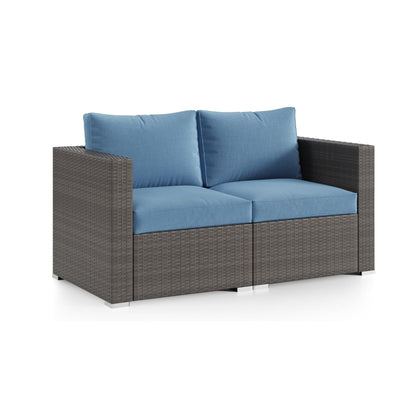 2 Piece Patio Loveseat Set With Thick Cushions, Outdoor Sectional Sofa For Balcony - Blue / Brown