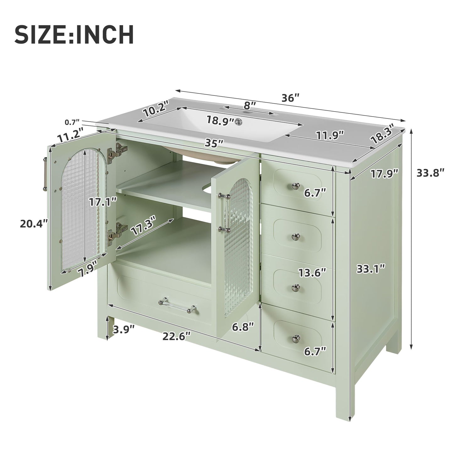 Bathroom Cabinet With Waffle Texture Doors, 4 Drawer Vanity With Soft-Closing Hinges And Glass Panels - Green