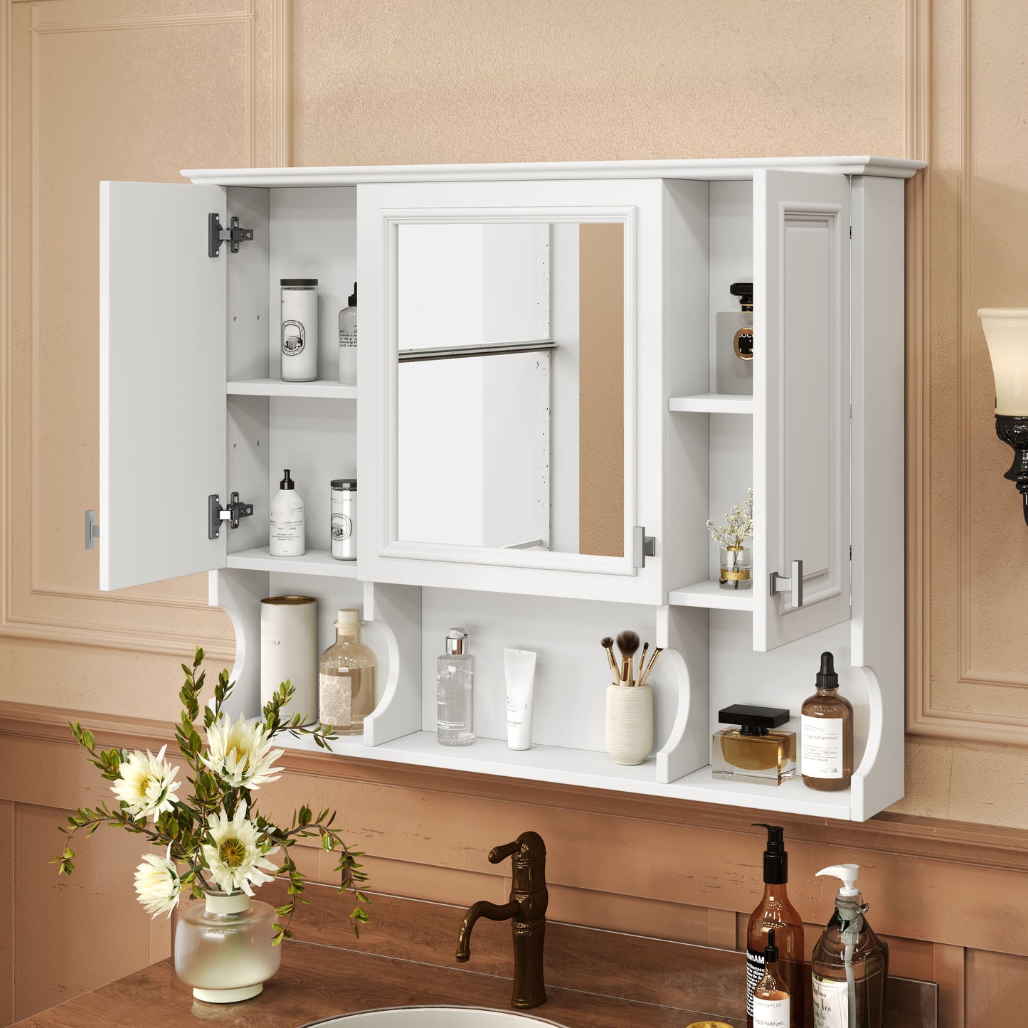 Wall Mounted Bathroom Medicine Wall Cabinet With Mirror & Open Shelves