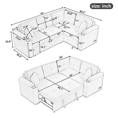 L-Shape Sofa Bed Pull-Out Sleeper Sofa With Wheels, USB Ports, Power Sockets For Living Room