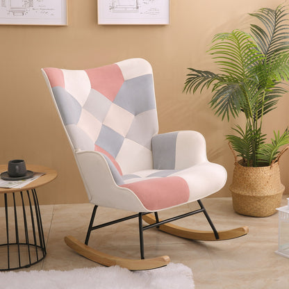 Accent Rocking Chair, Mid-Century Fabric Rocker Chair With Wood Legs And Patchwork Linen For Livingroom Bedroom