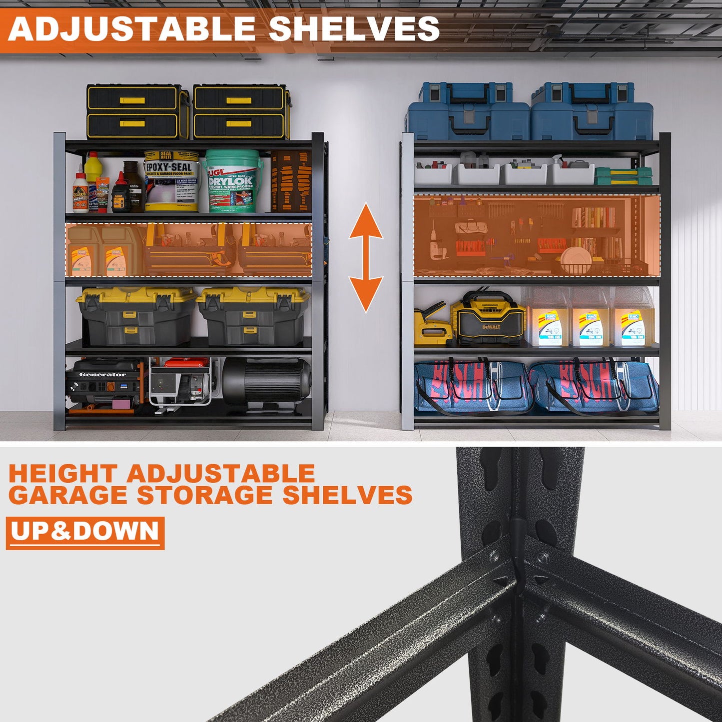 Tall Metal Shelves With Removable Dividers Are High Capacity And Load Bearing For Garages, Kitchens And Offices