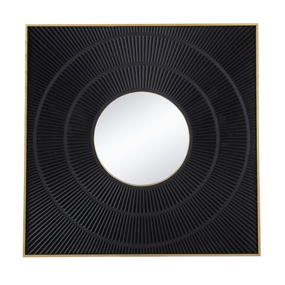 Square Carved Mirror With Pleated Design WithIron Frame, Neutral Colorway Wall Decor For Living Room Bathroom Entryway