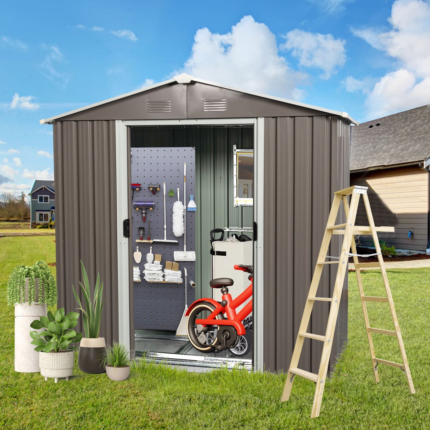 88.98" Outdoor Metal Storage Shed With Window