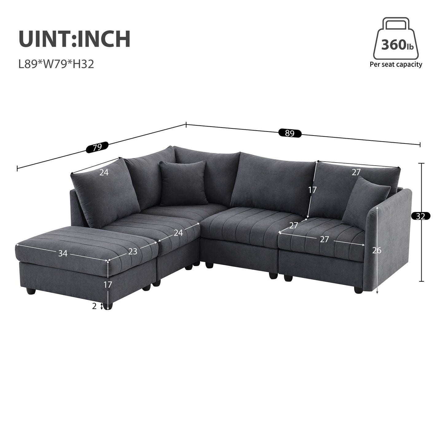 Modern Sectional Sofa With Vertical Stripes, 2 Pillows, 5 Seat Couch With Convertible Ottoman, Various Combinations, L-Shape Indoor Furniture For Living Room