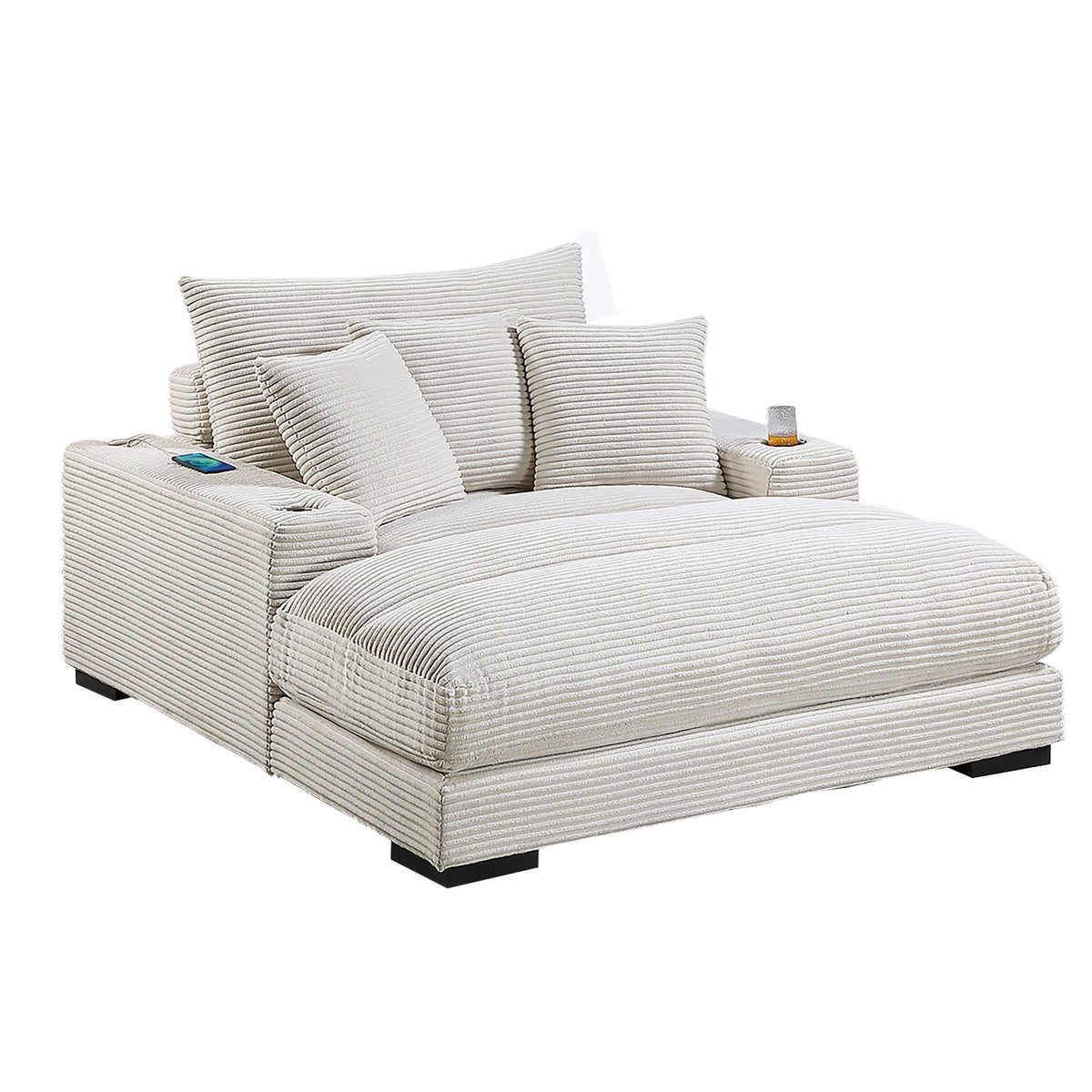 Upholstered Chaise Lounge With Cup Holders USB Port And Pillows