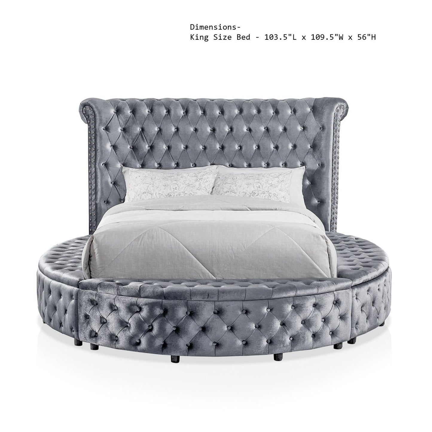 Glam Button Tufted Wingback Round Bed With Storage And USB Ports