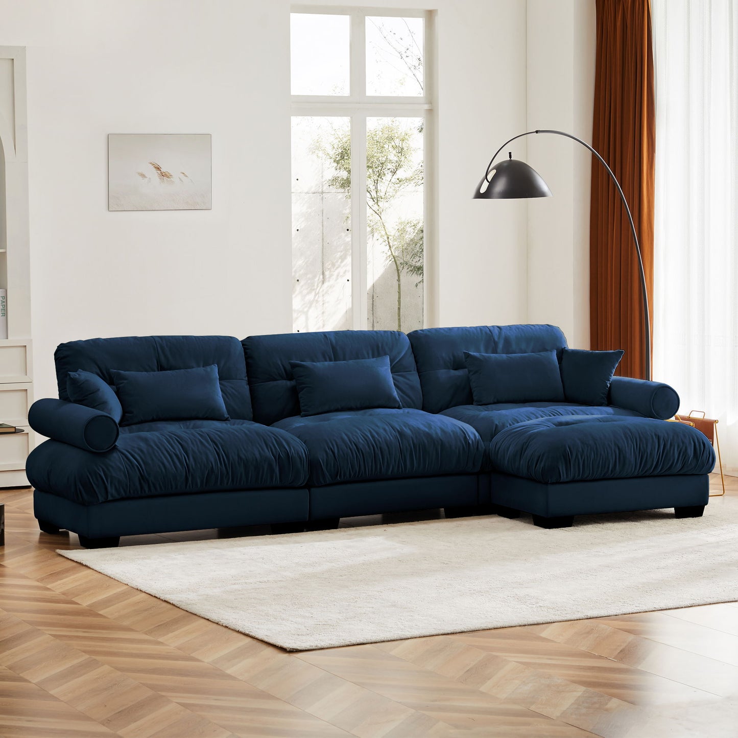 Modern Sectional Sofa With Ottoman, Round Bolster Armrests, Waist And Throw Pillows