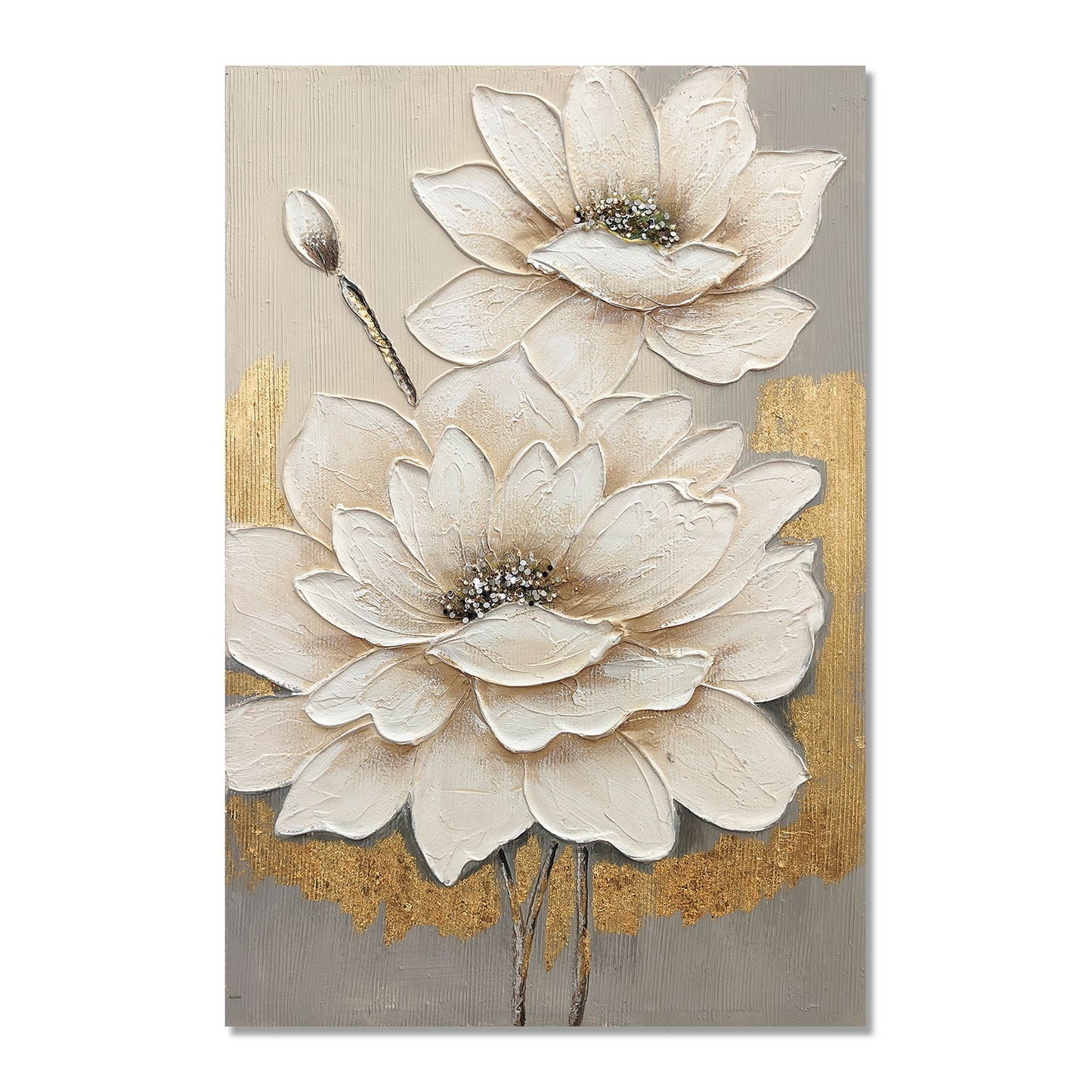 Lotus Flower Canvas Wall Art, Hand Painted Thick Textured Floral Painting With Accents, Neutral Decor For Living Room - Antique White / Gray