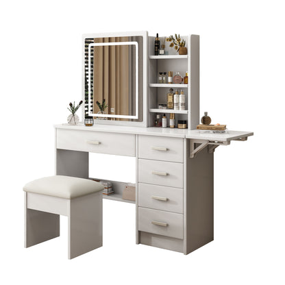 Fashion Vanity Desk With Mirror And Lights For Makeup, 5 Drawers, Adjustable Lighting - White