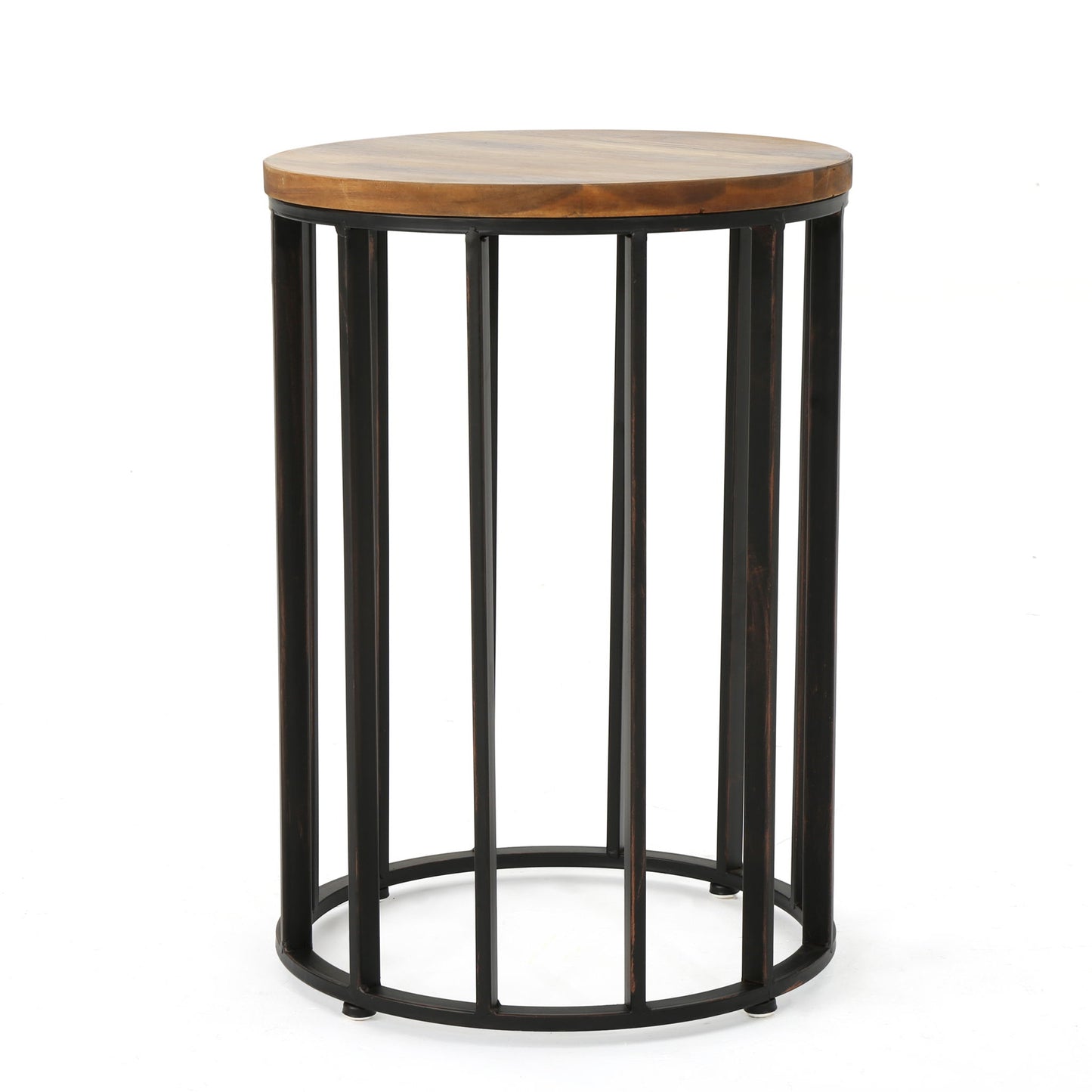 Outdoor Cylindrical Side Table With Round Solid Wood Top And Metal Frame - Natural