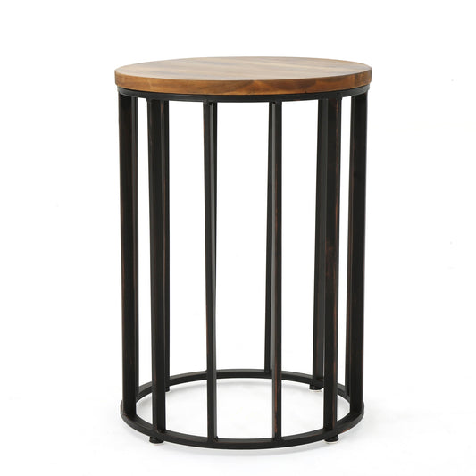 Outdoor Cylindrical Side Table With Round Solid Wood Top And Metal Frame - Natural
