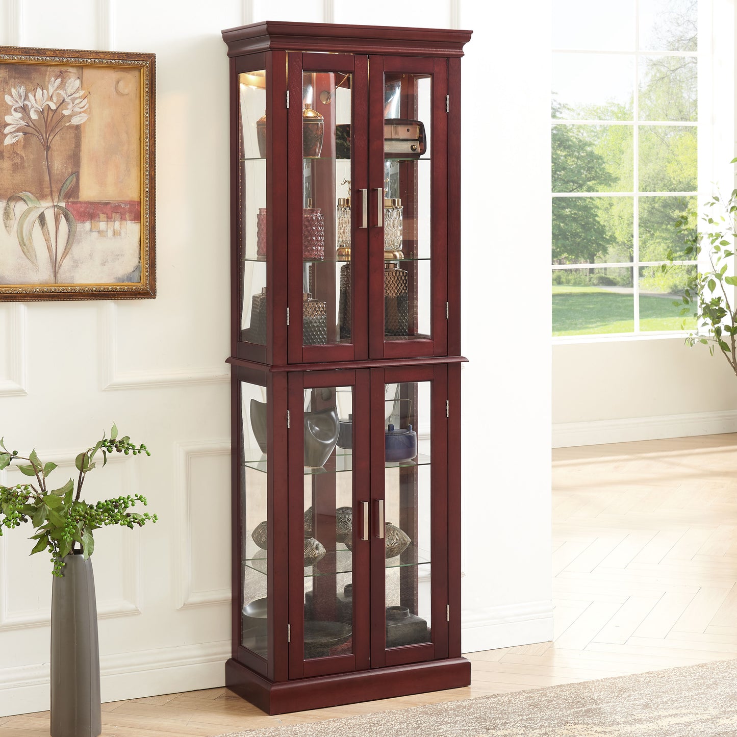 Curio Cabinet Lighted Curio Diapaly Cabinet With Adjustable Shelves And Mirrored Back Panel, Tempered Glass Doors (6 Tier), (E26 Light Bulb Not Included)