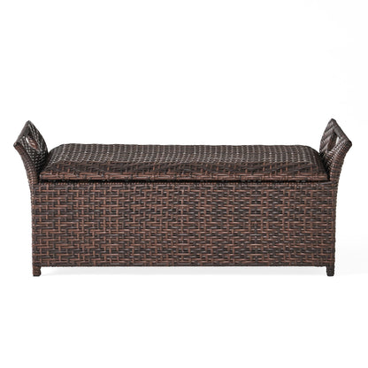 Outdoor Rattan Bench With Flair Arm And Storage - Brown
