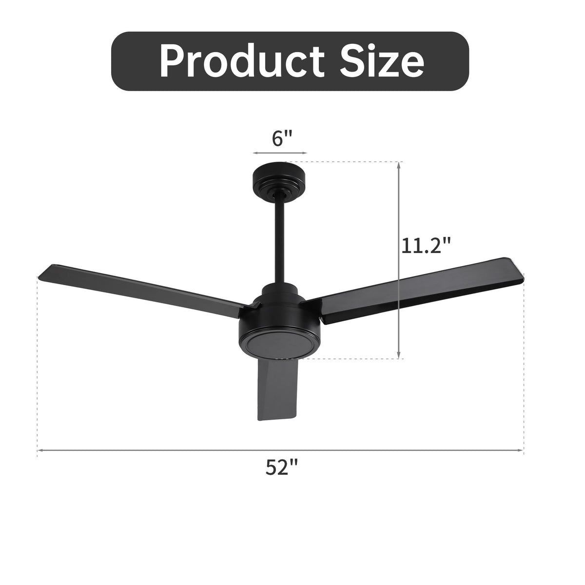 52" Ceiling Fan With Remote Control, 6 Speed Reversible DC Motor, 3 Blades