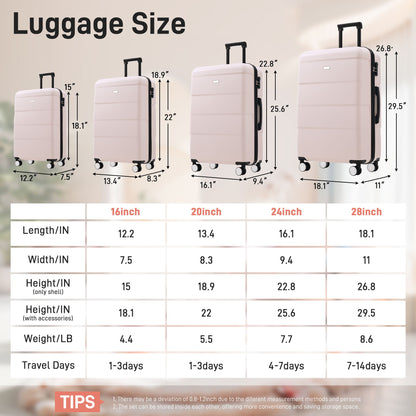 Hardshell Luggage Set 6 Piece With Duffel & Toiletry Bag, Lightweight Spinner Wheels, 16" / 20" / 24" / 28" Suitcases - Light Pink