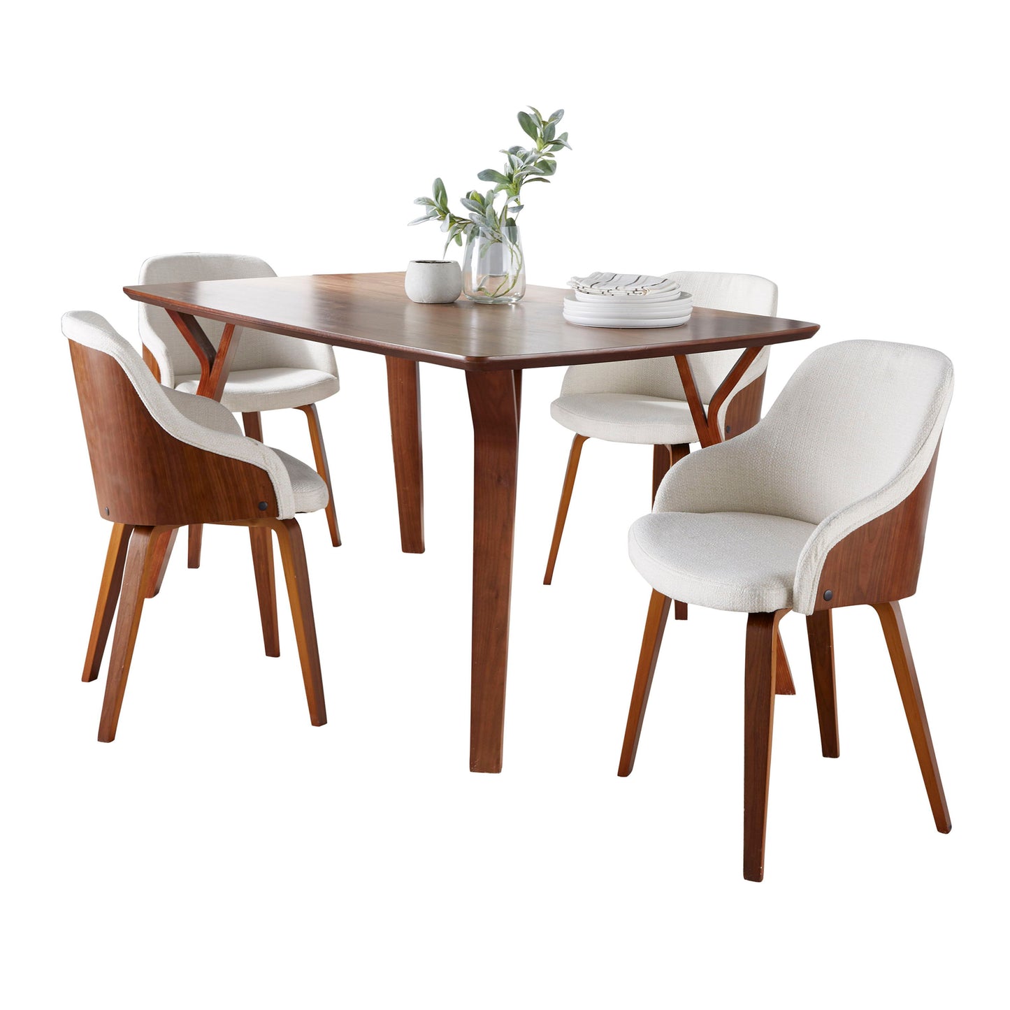 Folia Bacci - 5 Piece Mid-Century Modern Dining Set - Walnut / Cream