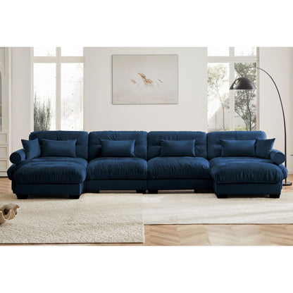 Modern Sectional Sofa With Ottoman, Round Bolster Armrests, Waist And Throw Pillows