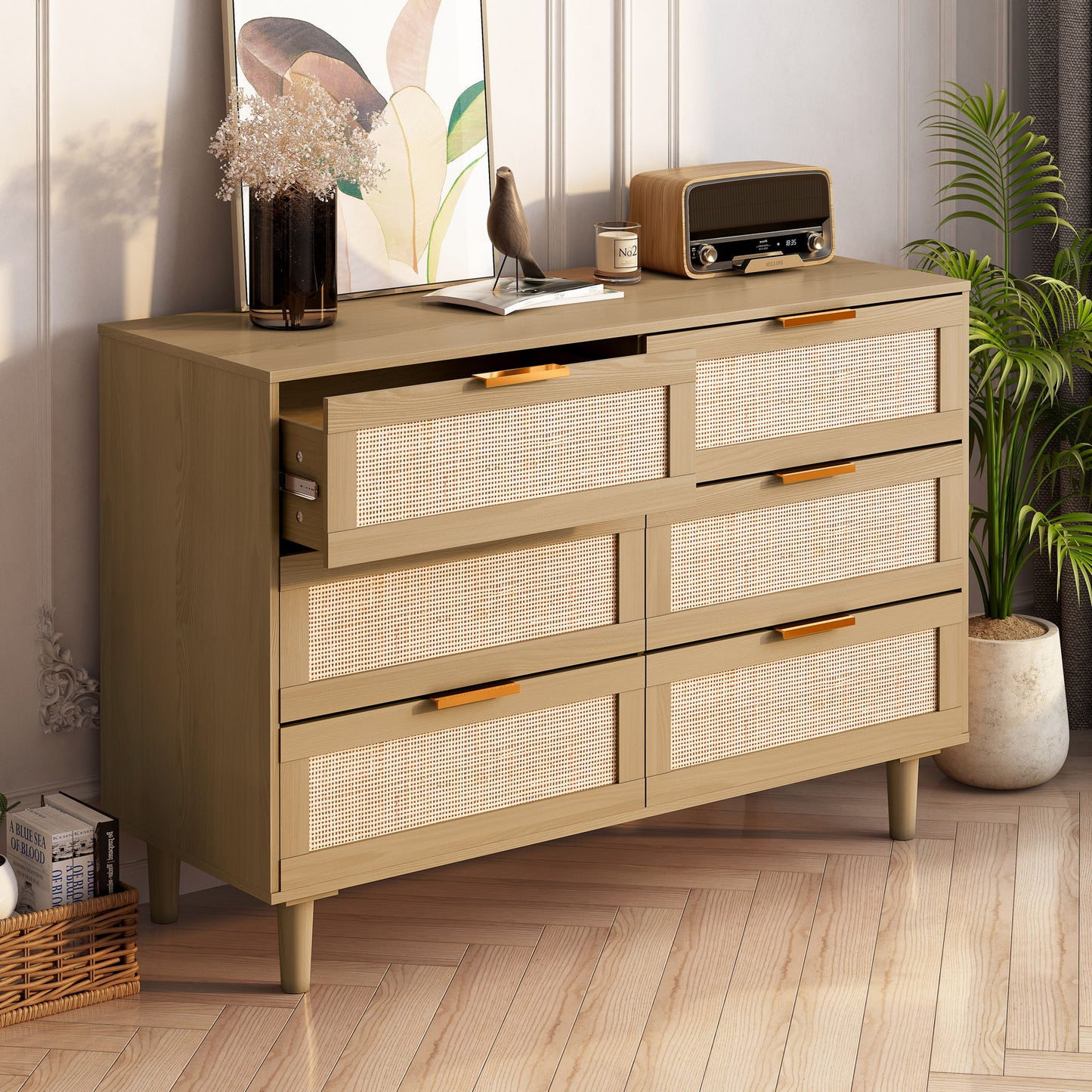 Modern Rattan Dresser With 6 Drawers For Bedroom And Living Room - Oak
