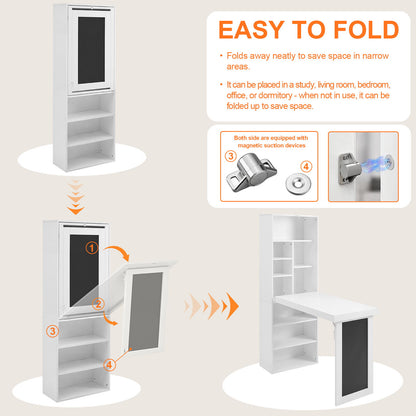 Folding Desk With Storage, Foldable Convertible Writing Table With Blackboard And Shelves For Home Office