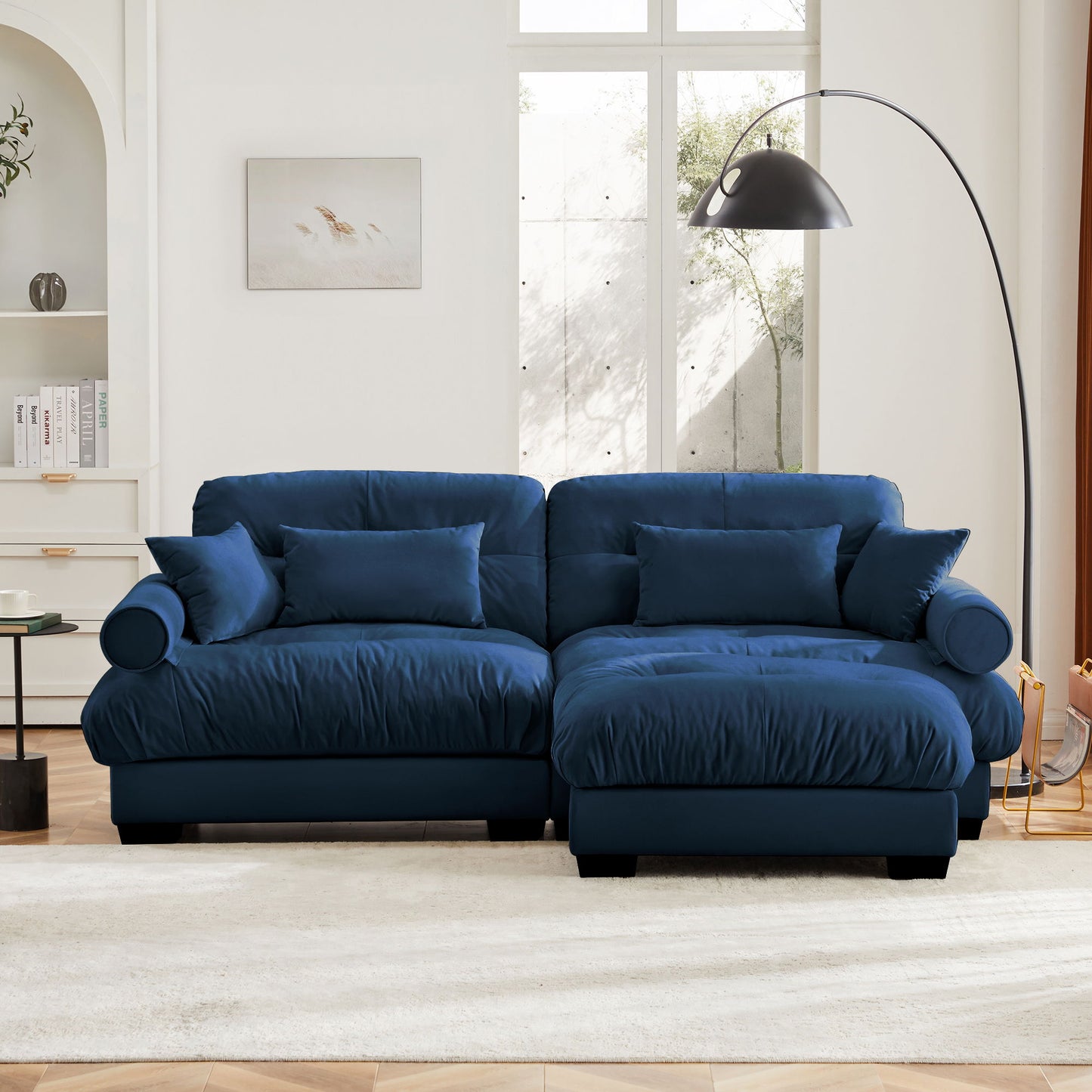 Modern Sectional Sofa With Ottoman, Round Bolster Armrests, Waist And Throw Pillows