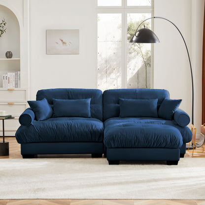 Modern Sectional Sofa With Ottoman, Round Bolster Armrests, Waist And Throw Pillows