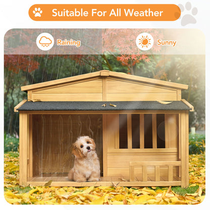 Wooden Dog House, Outdoor & Indoor Dog Crate, Pet Kennel With Porch, Weatherproof, Medium - Nature