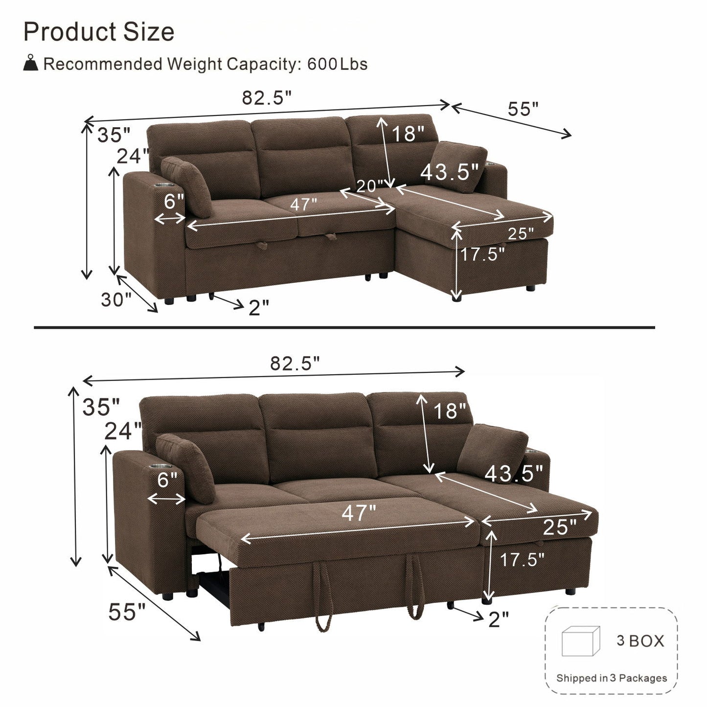 Convertible L - Shaped Sectional Sofa Bed With Storage Chaise, Cup Holders