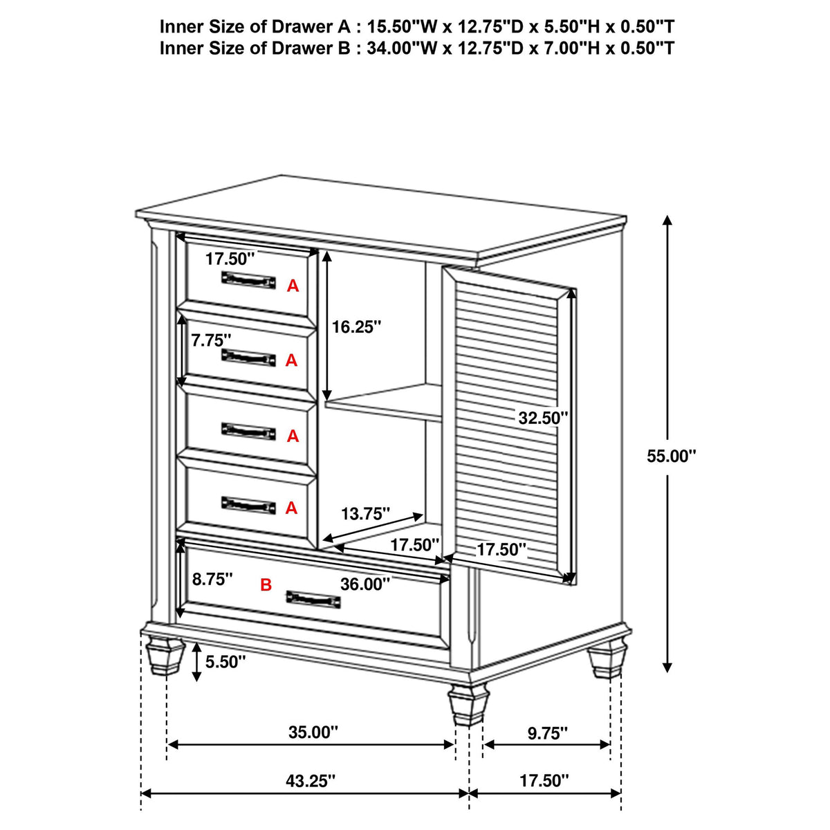 Lockeford - 5 Drawer Door Chest - White