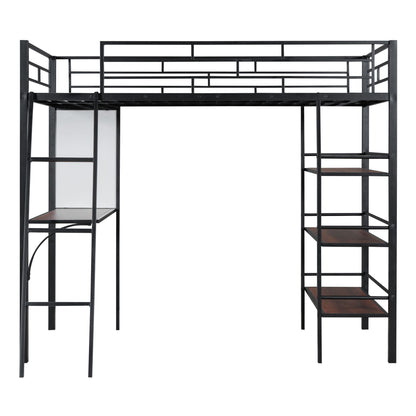 Loft Metal Bed With 3 Layers Of Shelves And Desk, Stylish Metal Frame Bed With Whiteboard