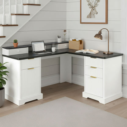 Fluted L-Shaped Desk With Charging Station & Storage Cabinet