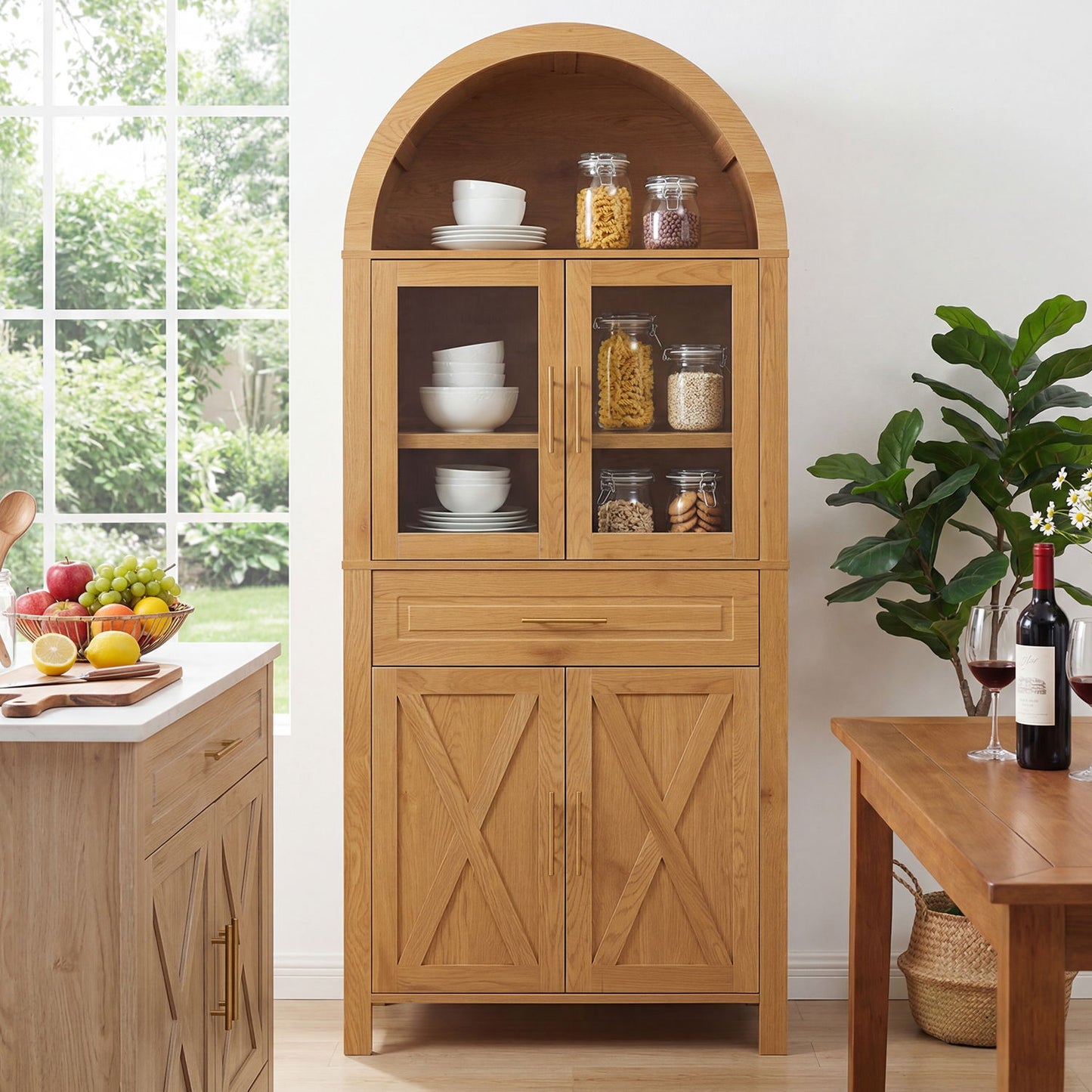 Arched Kitchen Pantry Cabinet With Adjustable Shelves And Barn Door Design