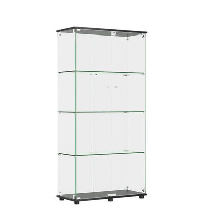 Modern Glass Display Cabinet With 4 Shelf Double Doors And Lock, Tempered Glass Bookshelf For Living Room - Black
