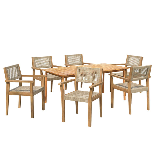 Amaris Outdoor Patio 7Pcs Acacia Wood Dining Set With Faux Wicker Chairs In Teak