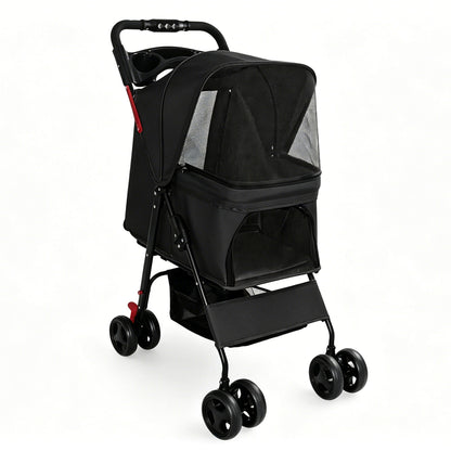 Foldable Pet Stroller For Small Dogs And Cats With Multi Functional Tray