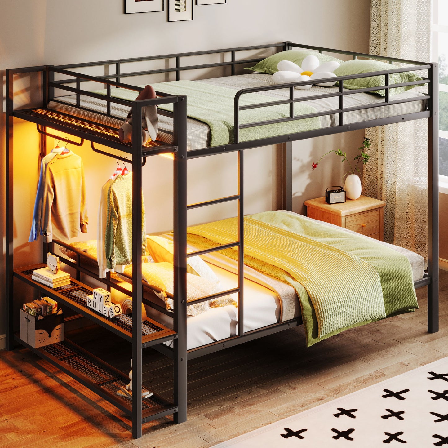 Bunk Bed With Storage Shelves, Clothes Hooks, LED Light