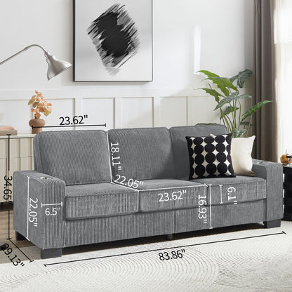 Modern Corduroy Fabric Sofa, 3 Seater Compressed Couch With Cup Holders