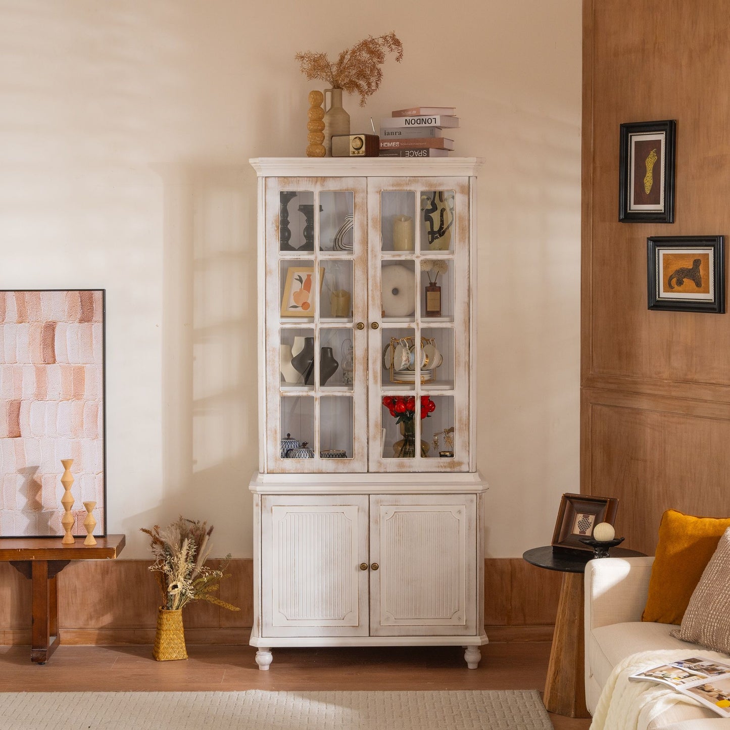 Vintage Display Cabinet With Double Glass Doors, Traditional Style Hutch For Home Or Workspace Washed - White Washed