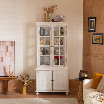 Vintage Display Cabinet With Double Glass Doors, Traditional Style Hutch For Home Or Workspace Washed - White Washed