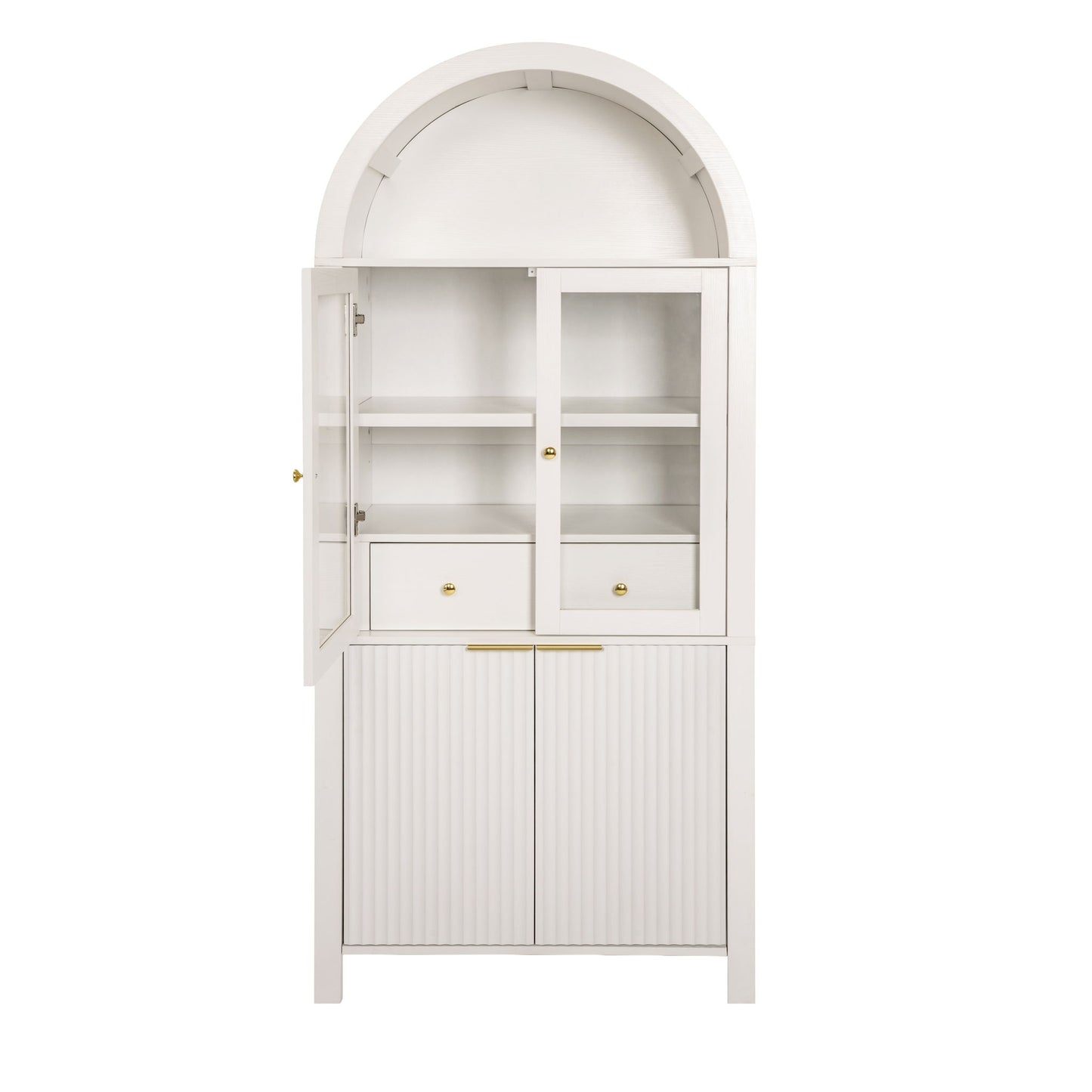 Fluted Tall Arched Pantry Cabinet With Adjustable Shelves, Glass Door & Hidden Drawer For Kitchen