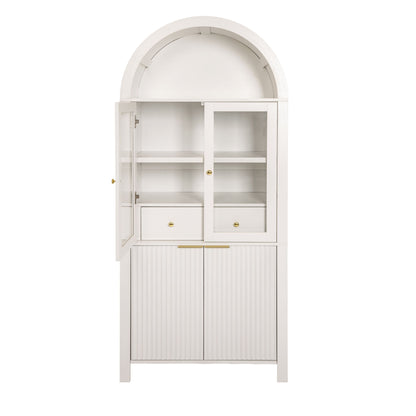 Fluted Tall Arched Pantry Cabinet With Adjustable Shelves, Glass Door & Hidden Drawer For Kitchen