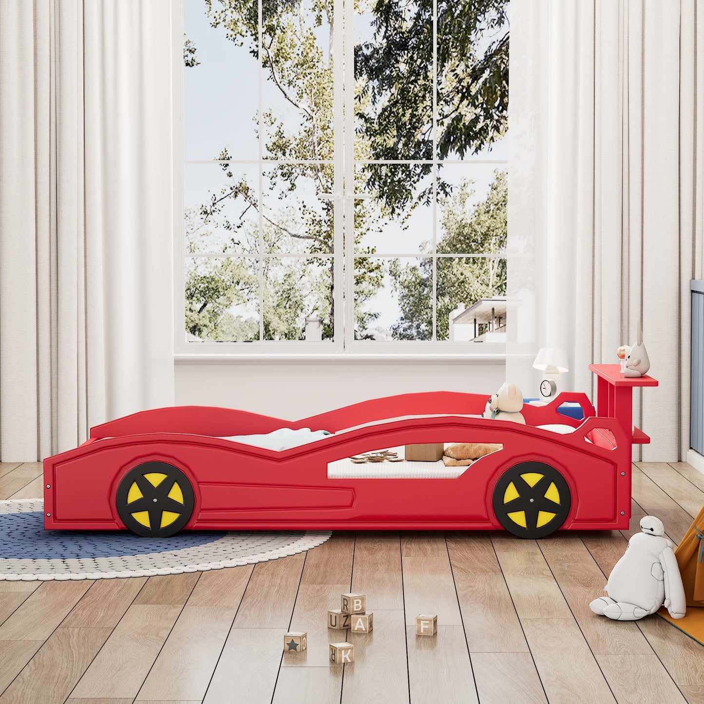 Wooden Race Car Bed, Car Shaped Platform Twin Bed With Wheels For Teens