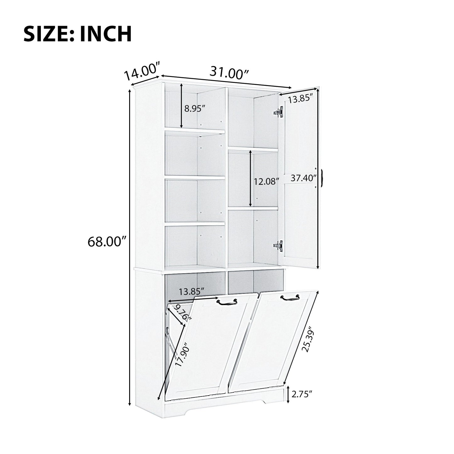 Freestanding Bathroom Storage Cabinet With Doors And Drawers, Adjustable Shelves, Tilt-Out Laundry Hamper
