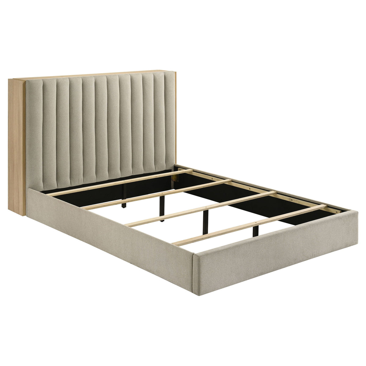 Merritt - Queen Bookcase Storage Bed With Tufted Headboard - Light Oak / Light Tan