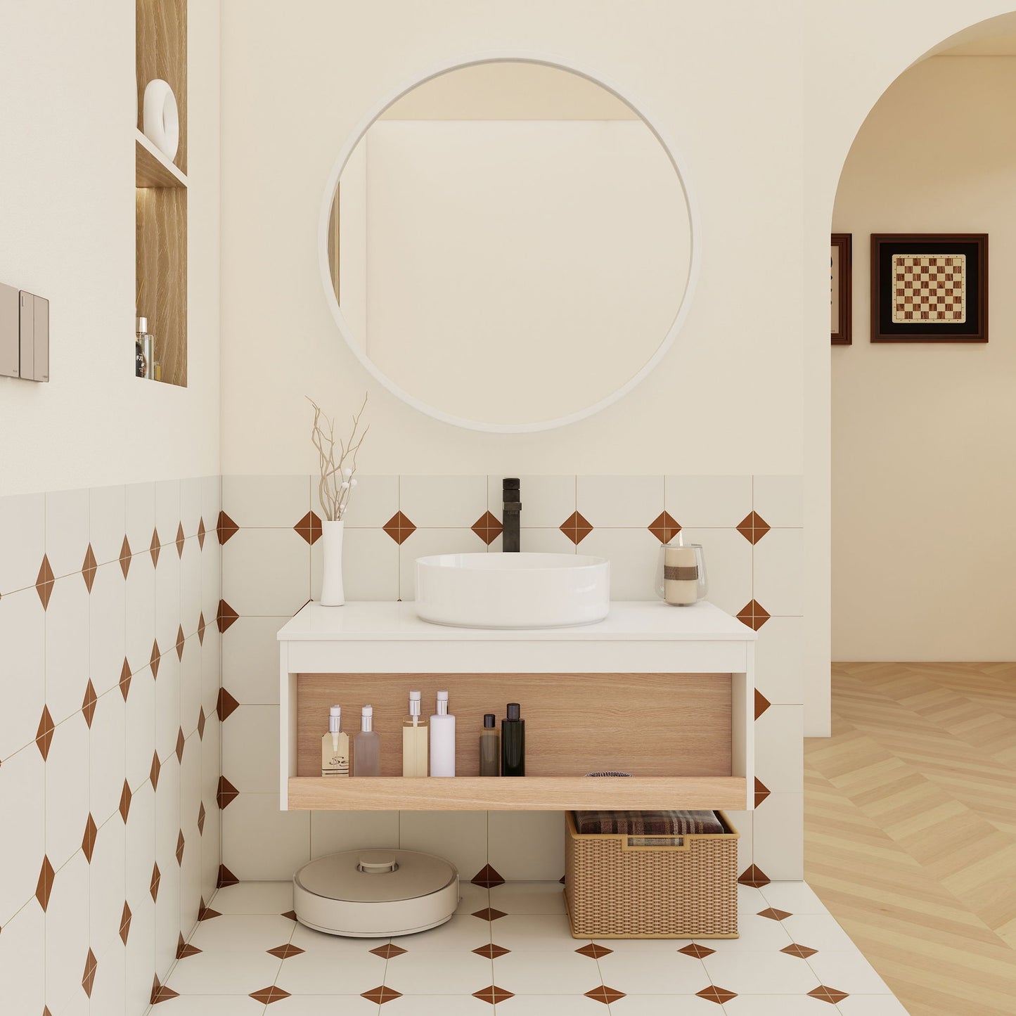 Floating Bathroom Vanity With Glossy Round Vessel Sink