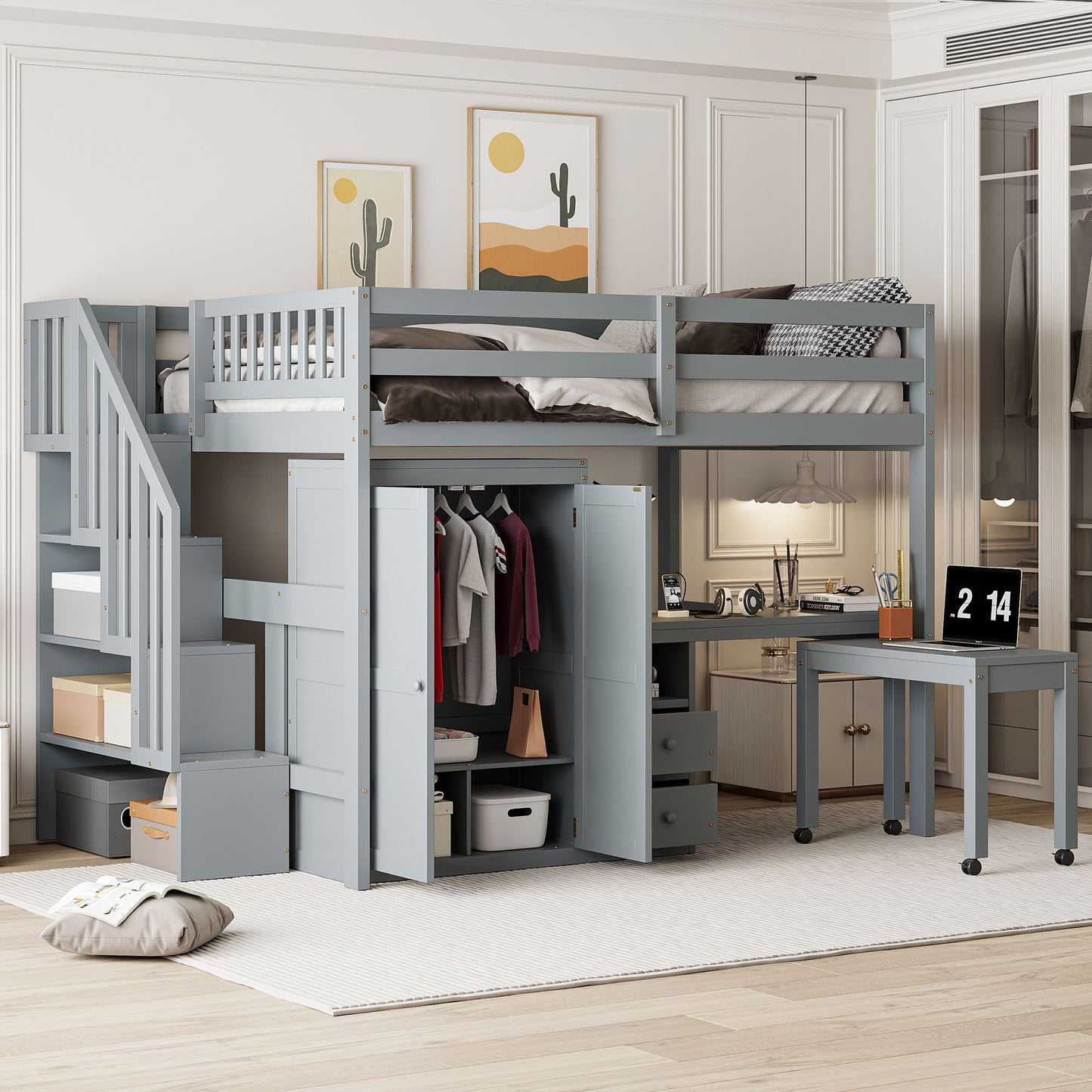 Loft Bed With Stairs, Bookshelf, Drawers, Desk & Wardrobe, Space Saving Multifunctional Furniture