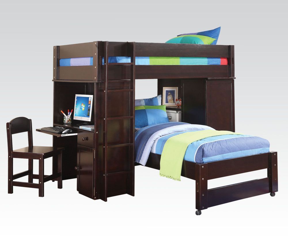 Lars - Twin Over Twin Loft Bed With Wardrobe & Desk & Chair - Wenge
