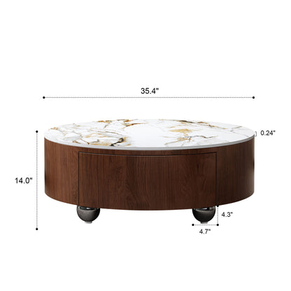 Round Coffee Table With 2 Drawers For Living Room - Walnut Brown / White / Multi