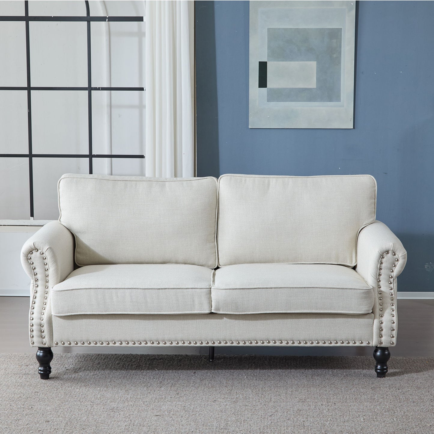 Rolled Arm Sofa With Nailhead Trim With Wooden Legs